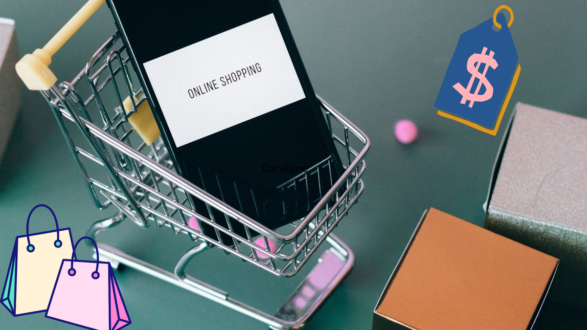 Kleiner Einkaufswagen in dem Handy steht mit Aufschrift Online Shopping auf dem Bildschirm