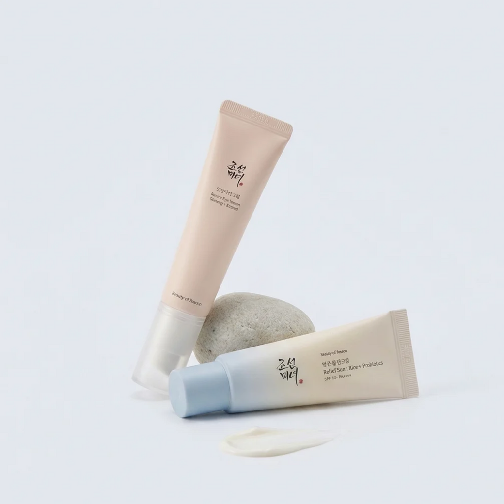 Beauty of Joseon Glow Skin Duo Set mit Relief Sun und Revive Eye Serum auf einem Stein