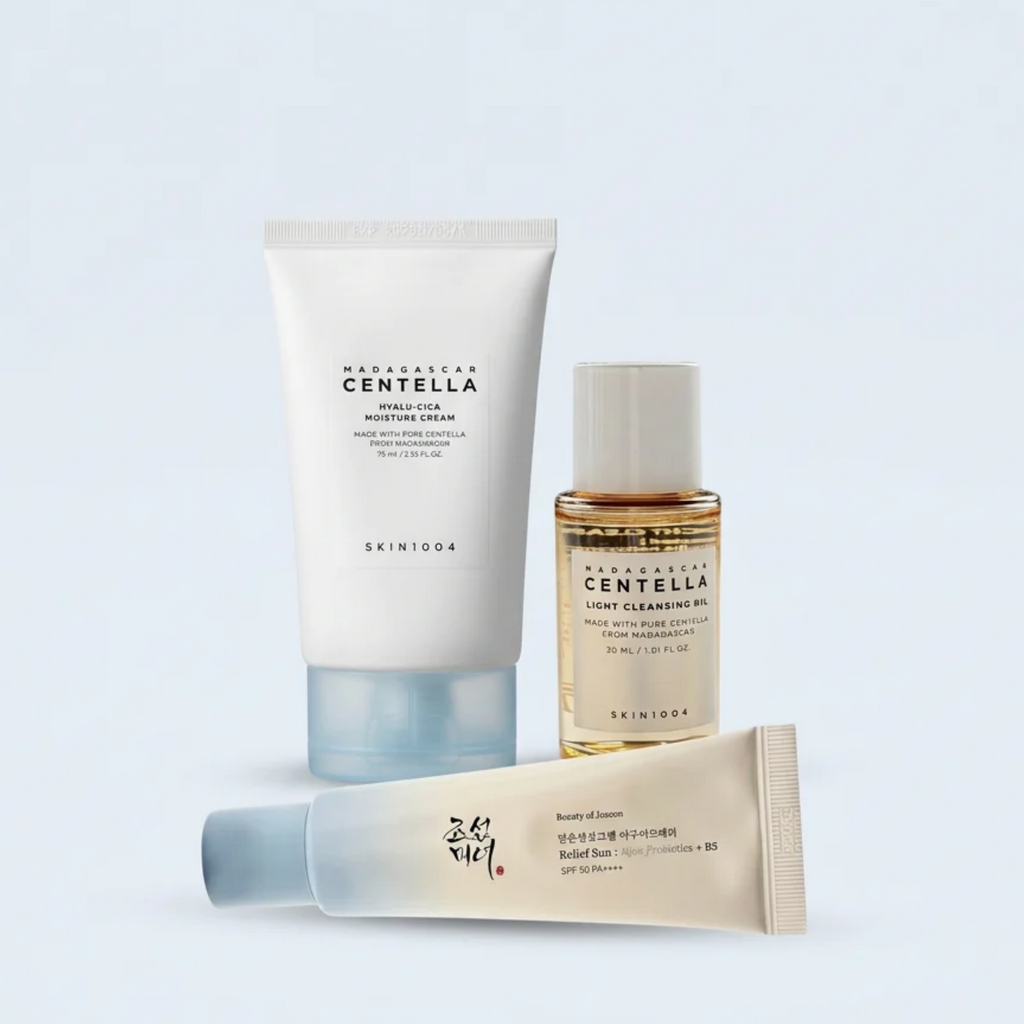 Carelune Skincare-Starterset mit SKIN1004 Light Cleansing Oil, Hyalu-Cica Moisture Cream und Beauty of Joseon Relief Sun Aqua Fresh, liegend