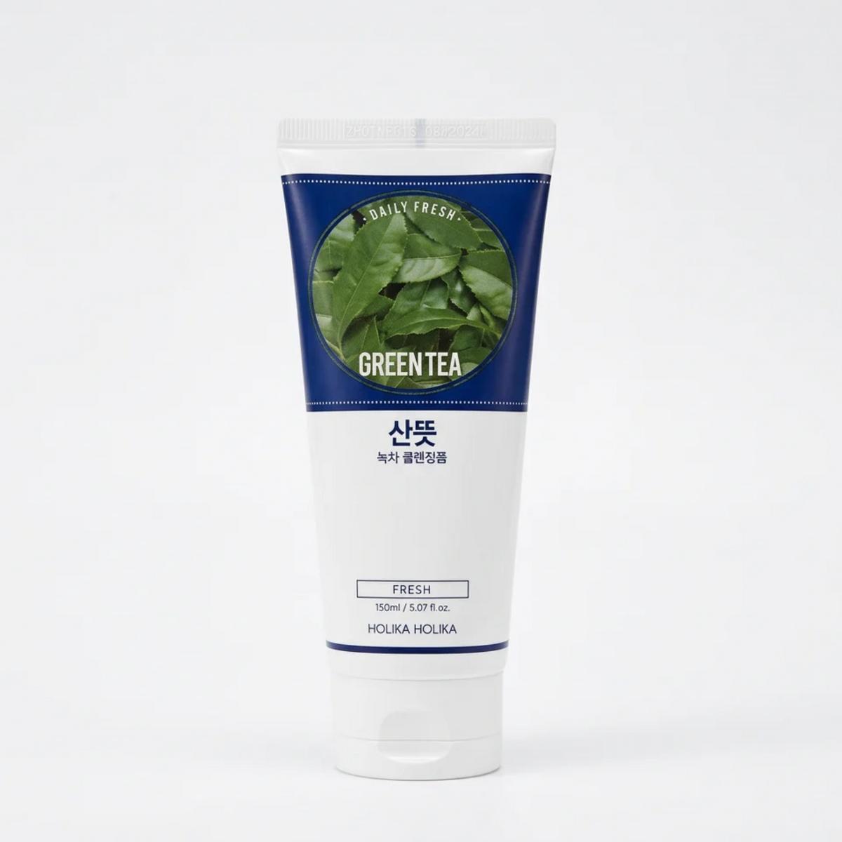 Holika Holika Daily Fresh Green Tea Cleansing Foam 150 ml, weiße Tube mit blauem Etikett und Grüntee-Blättern