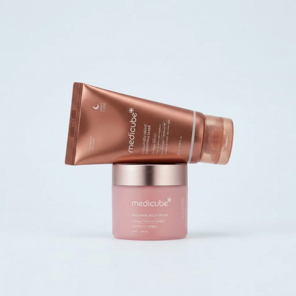 Medicube Collagen Jelly Cream und Collagen Night Wrapping Mask auf hellem Hintergrund