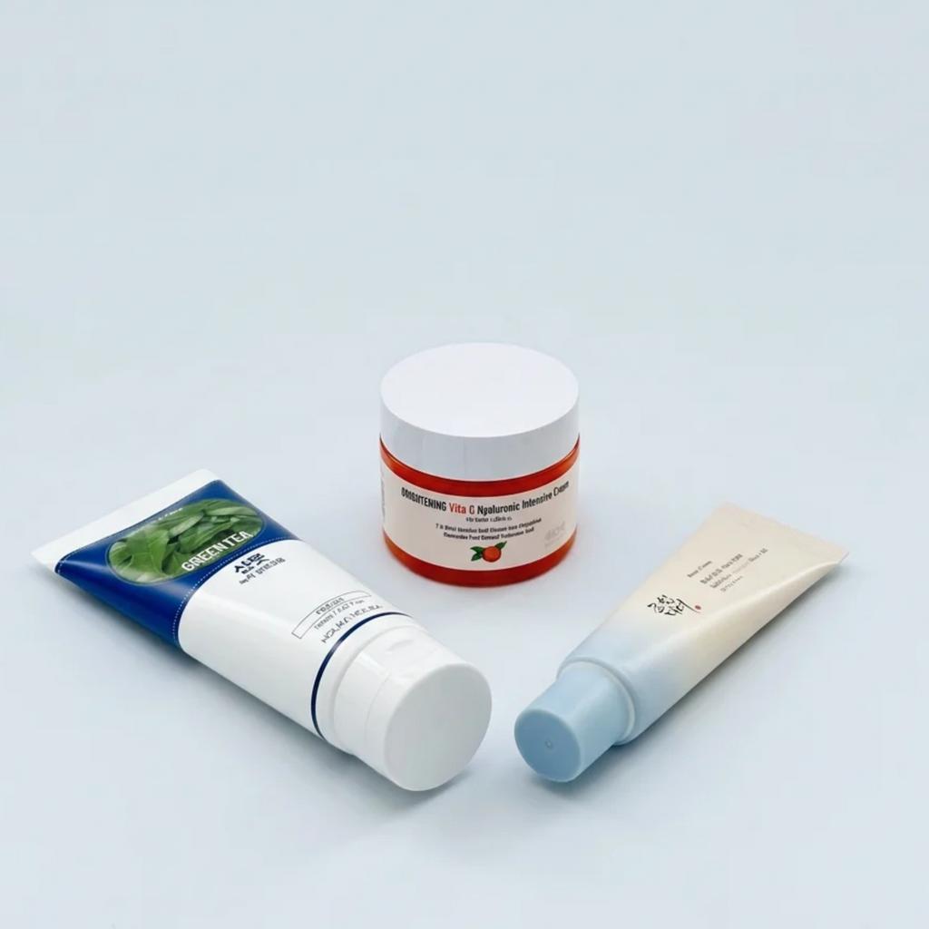 Tagesroutine-Set mit Holika Holika Green Tea Cleansing Foam, Dear Boo Vitamin C Cream und Beauty of Joseon Relief Sun Aqua Fresh SPF50+