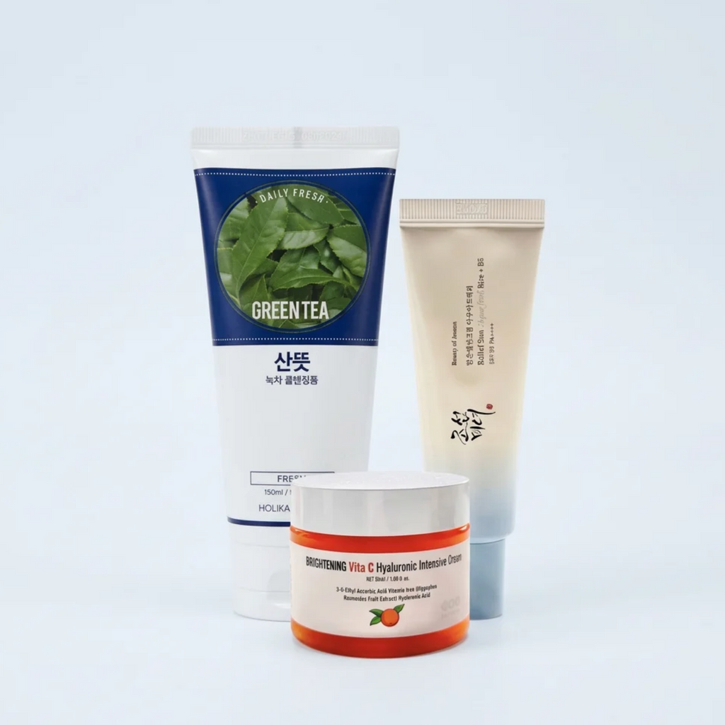 Holika Holika Green Tea Foam, Dear Boo Vitamin C Cream und Beauty of Joseon Aqua Fresh als Morgenroutine-Set